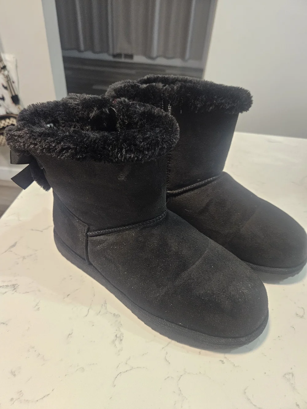 Black Fuzzy Boots With Bows